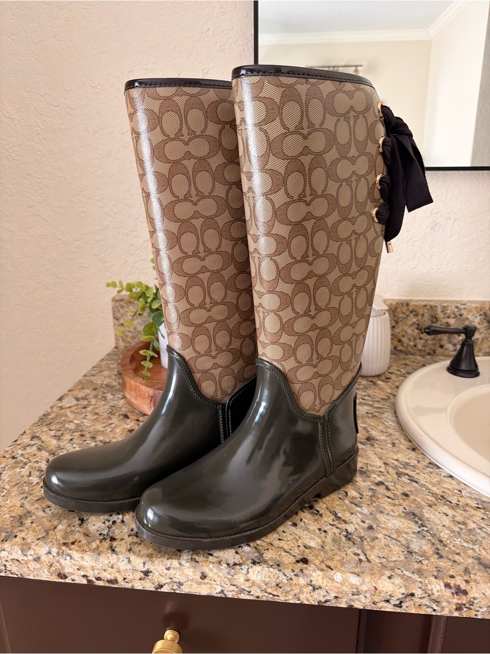 Coach Two-Tone Signature Rain Boots in Brown and Dark Brown